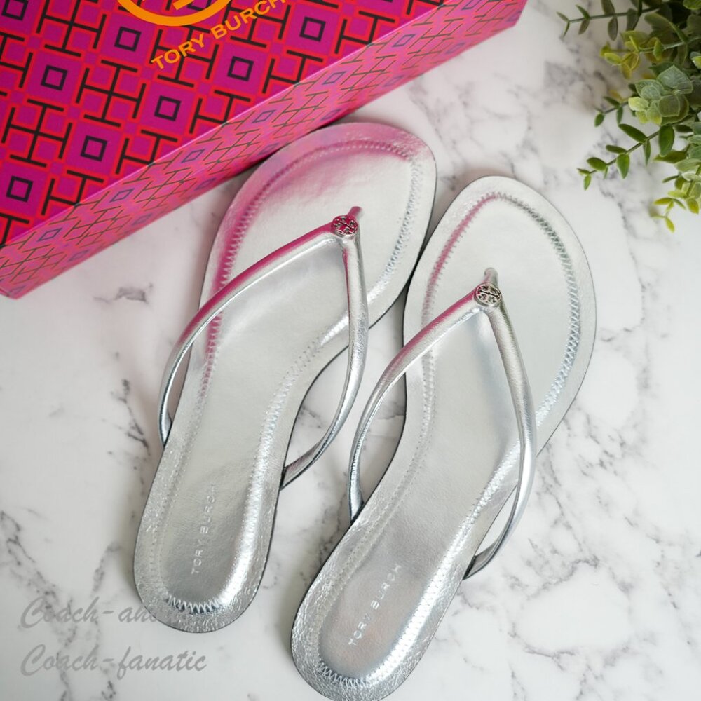 Tory Burch Women Chelsea Leather Flip Flop Thong Sandals in Silver NIB